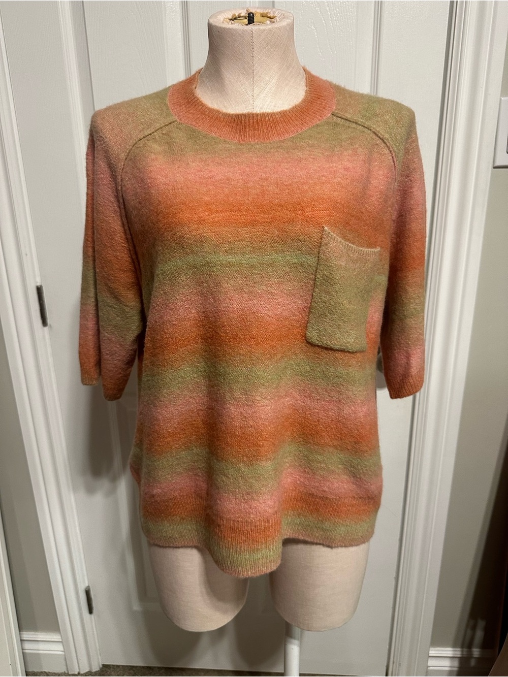 White Stuff - Striped Crewneck Sweater with Pocket in Coral, Green & Pink